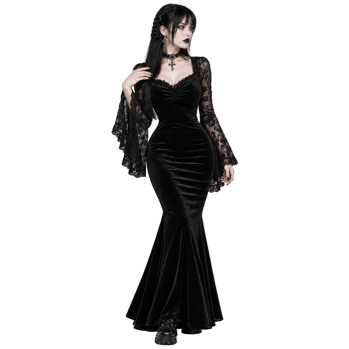 Gotycka Sukienka Maxi Romantic Witch | Black Nocturne – Koronkowe Rękawy