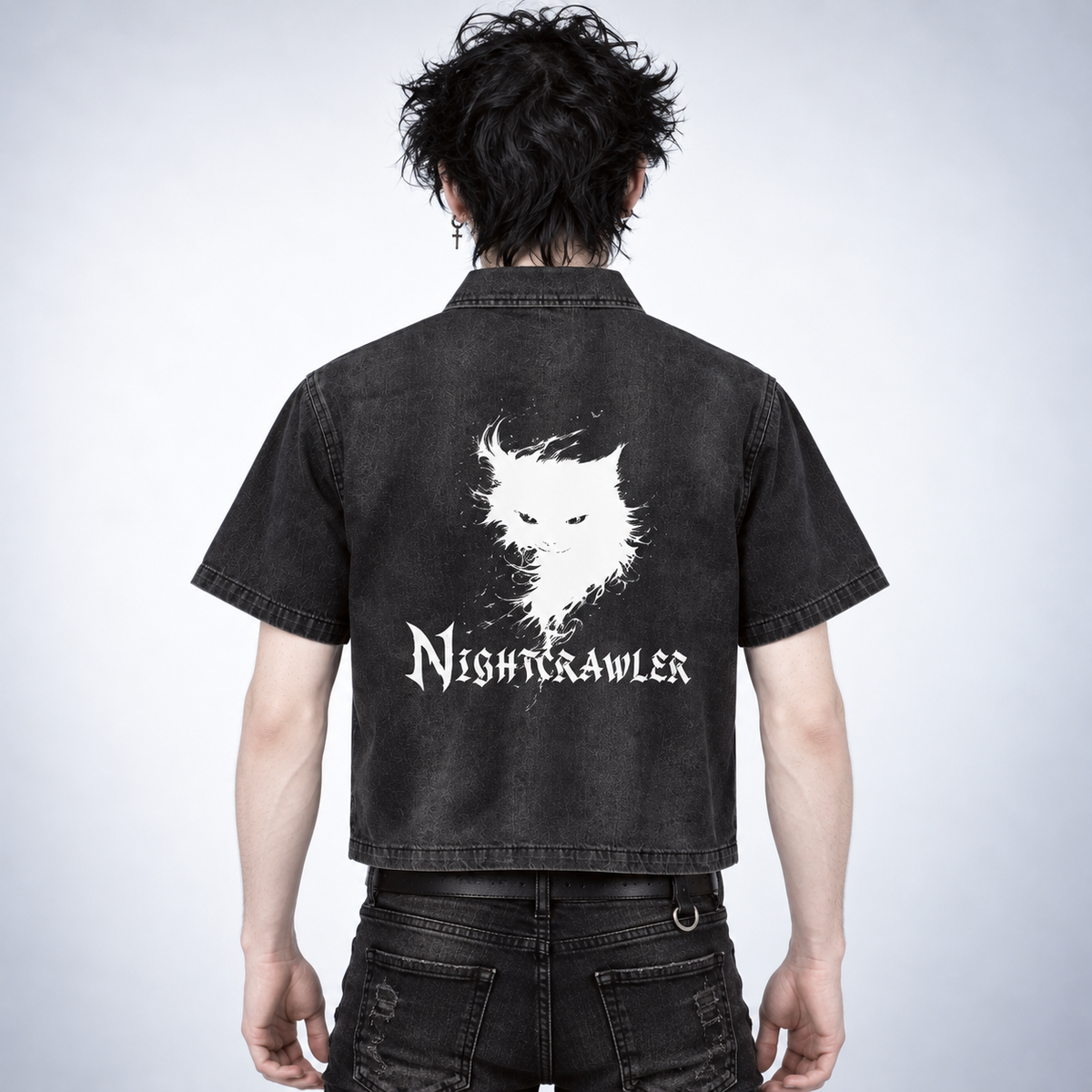 Męska Koszula Denimowa Gothic Grunge na Zamek | NIGHTCRAWLER – Washed Black 285 GSM
