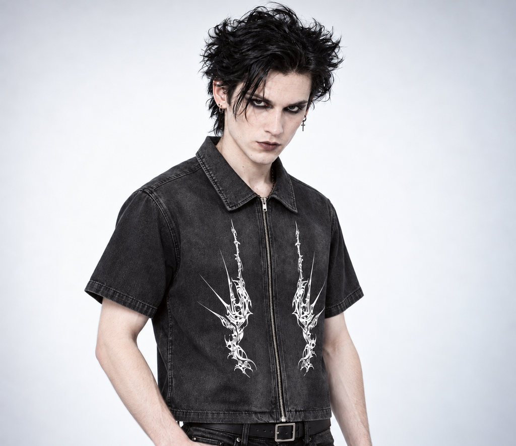 Męska Koszula Denimowa Gothic Grunge na Zamek | NIGHTCRAWLER – Washed Black 285 GSM