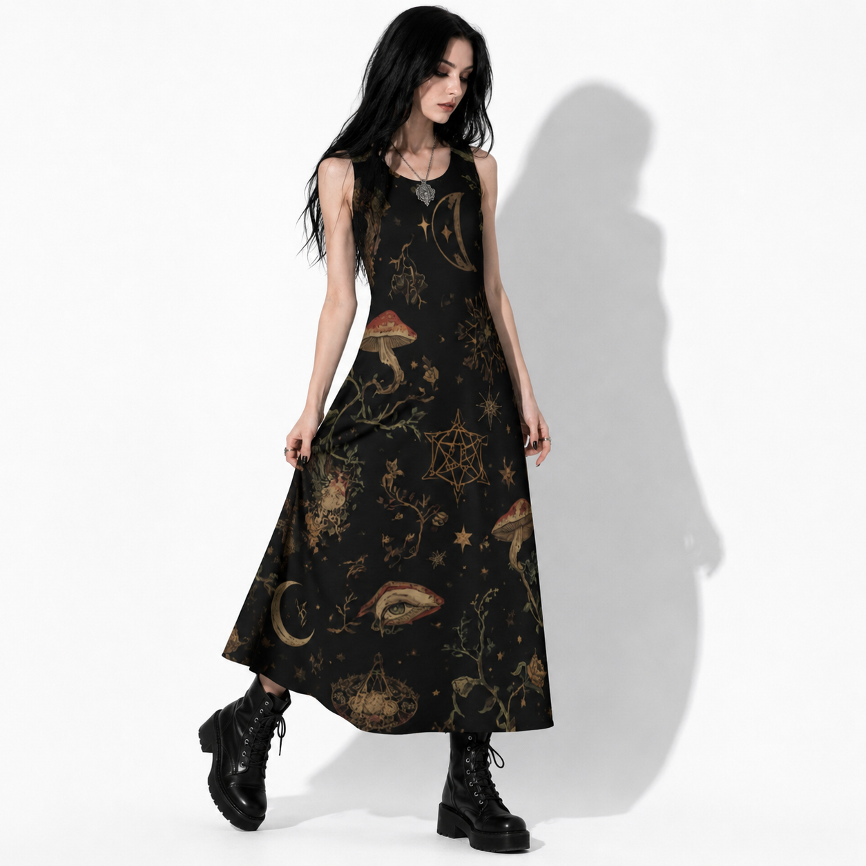 Sukienka Whimsigoth Maxi Damska | Moonlit Ritual Garden – Bawełniana Sukienka Witchcore & Dark Cottage