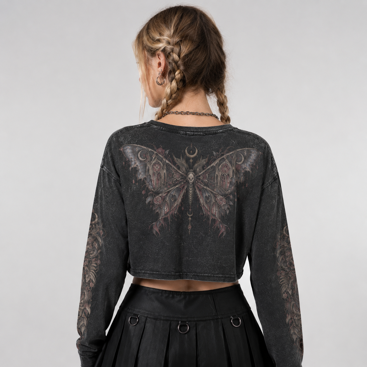 Gotycki Crop Top z Długim Rękawem Forest Rot Moth | Witchcore Wicca | 100% Bawełna