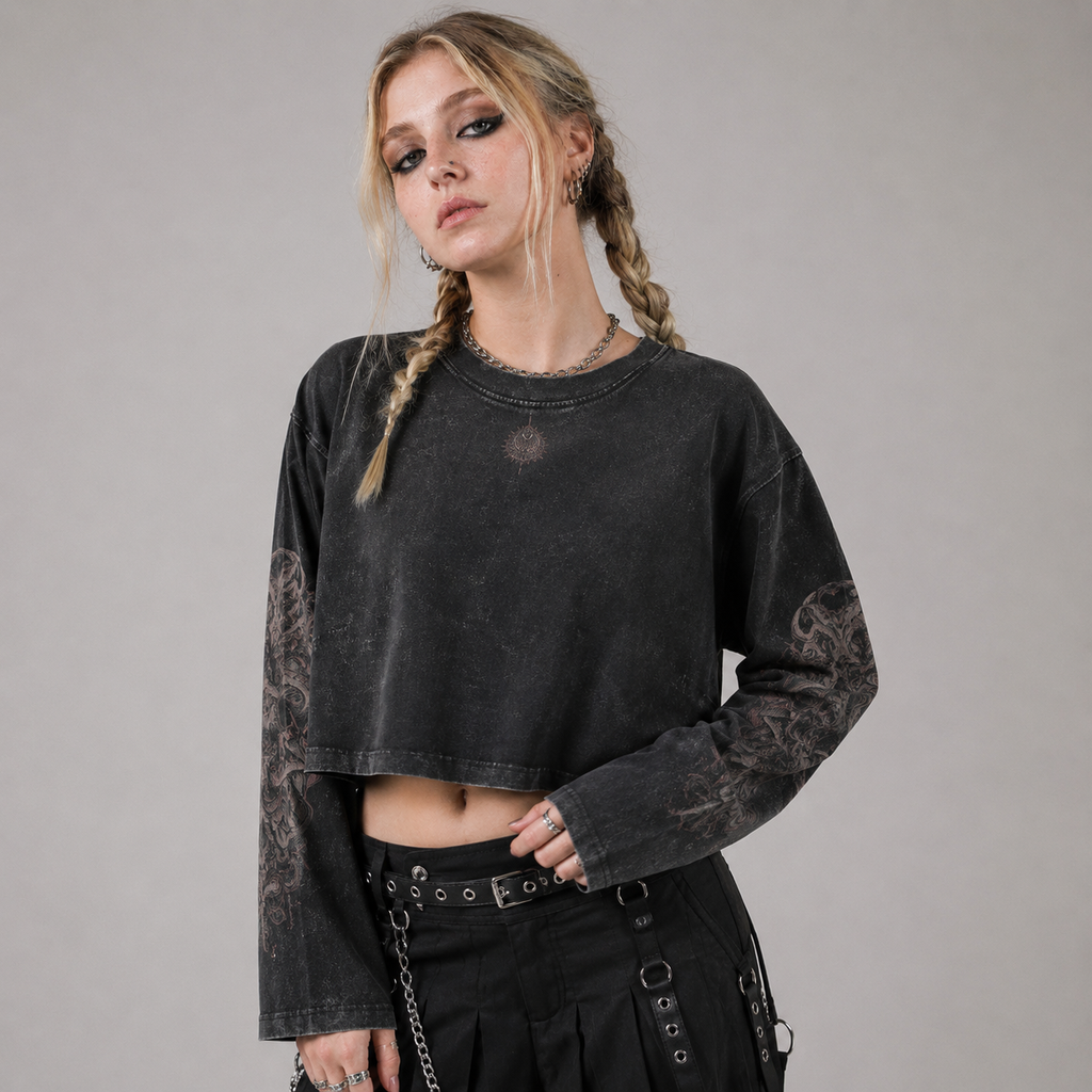 Gotycki Crop Top z Długim Rękawem Forest Rot Moth | Witchcore Wicca | 100% Bawełna