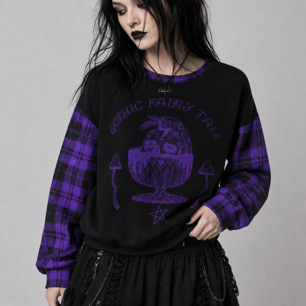 Gotycki Sweter Witchcore Purple Tartan | Midnight Coven | 280 GSM
