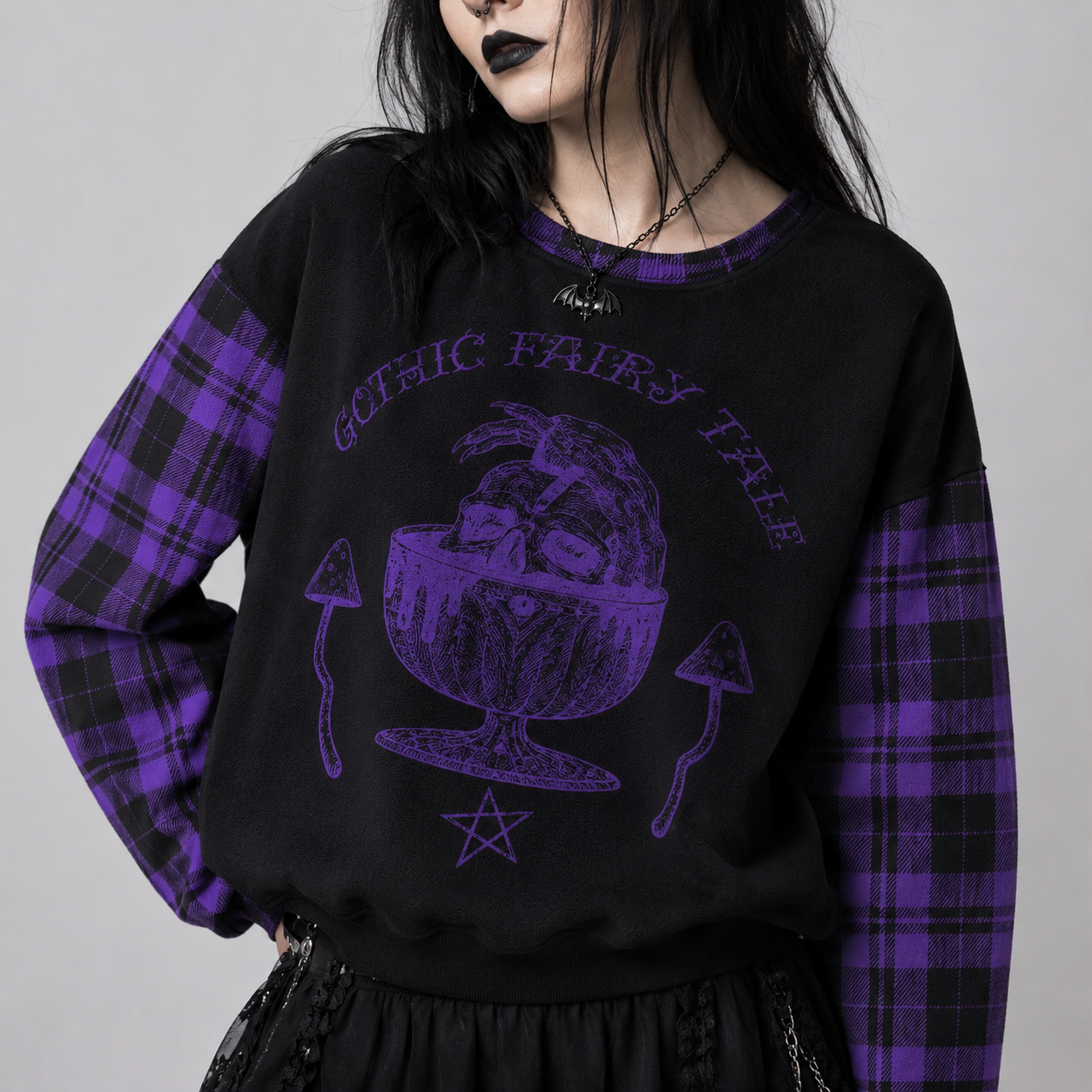 Gotycki Sweter Witchcore Purple Tartan | Midnight Coven | 280 GSM