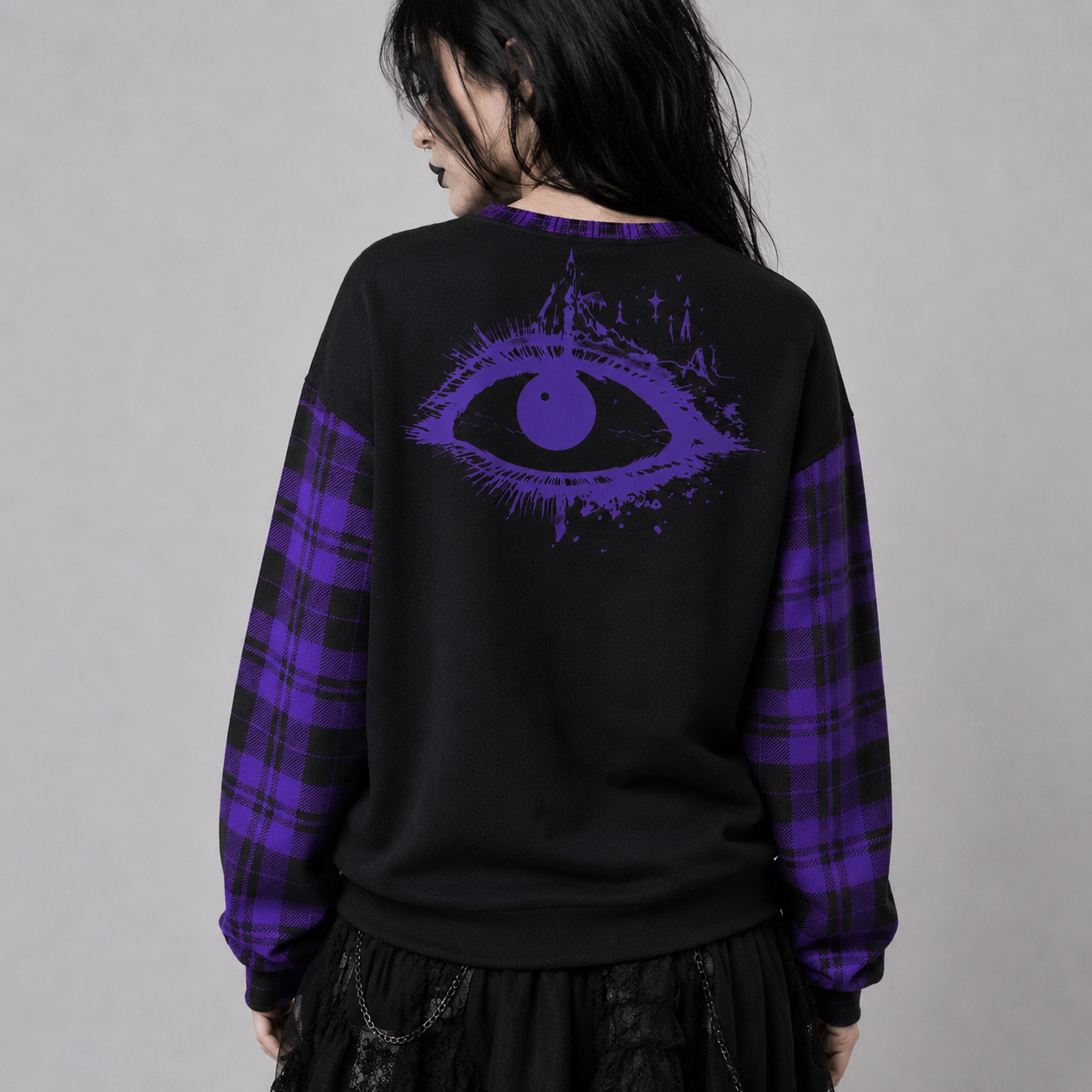 Gotycki Sweter Witchcore Purple Tartan | Midnight Coven | 280 GSM