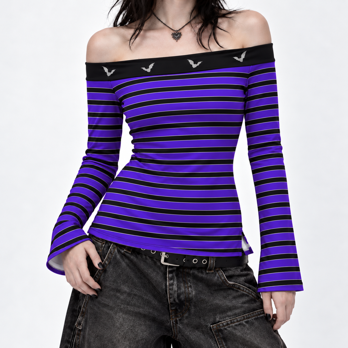Damski Top Gotycki Witchy z Odkrytymi Ramionami | Purple Sky Bat