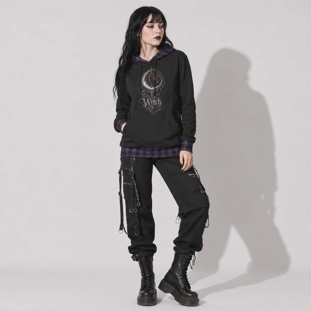 Gotycka Bluza Witchcore z Kotem i Fazami Księżyca | Lunar Cat Coven Hoodie