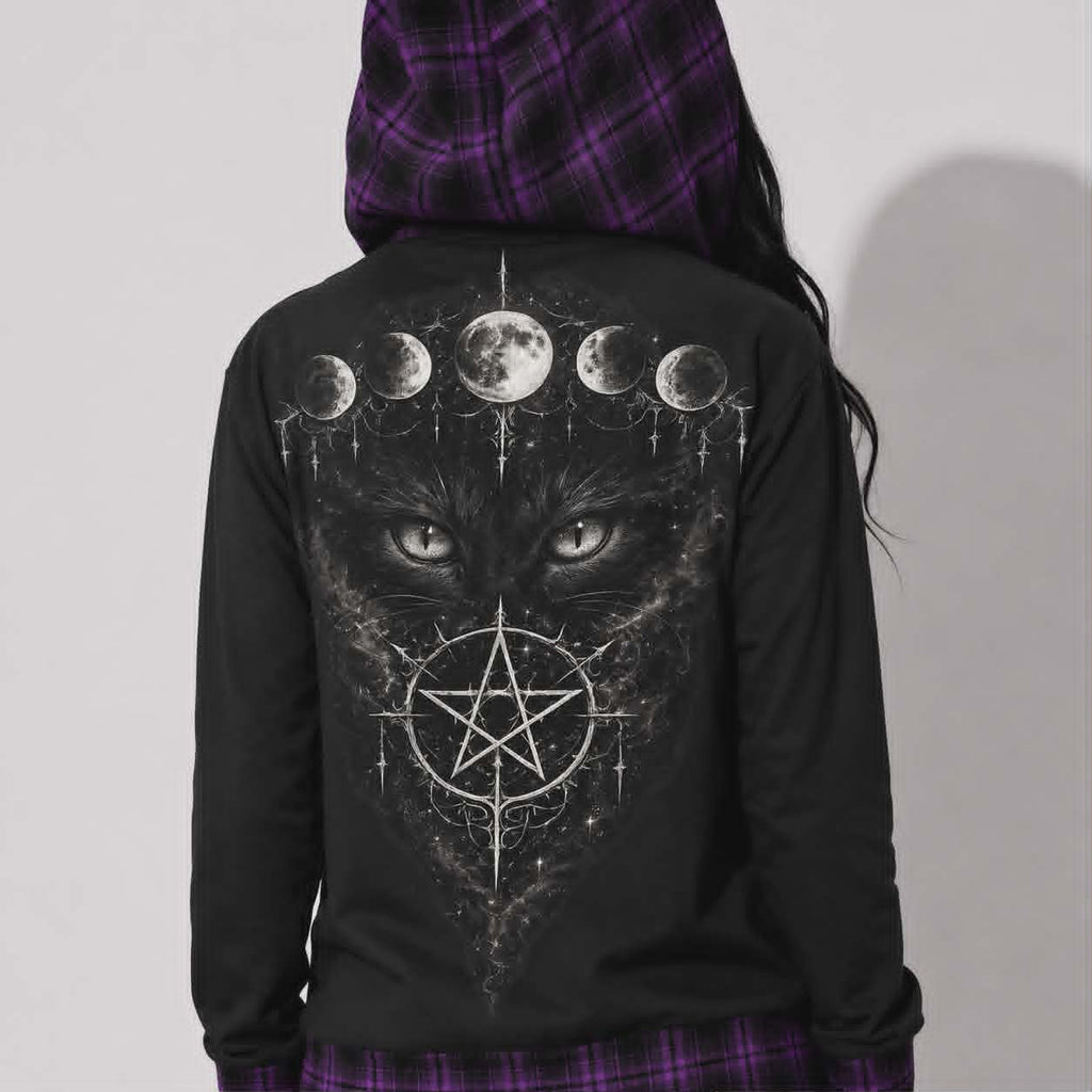 Gotycka Bluza Witchcore z Kotem i Fazami Księżyca | Lunar Cat Coven Hoodie