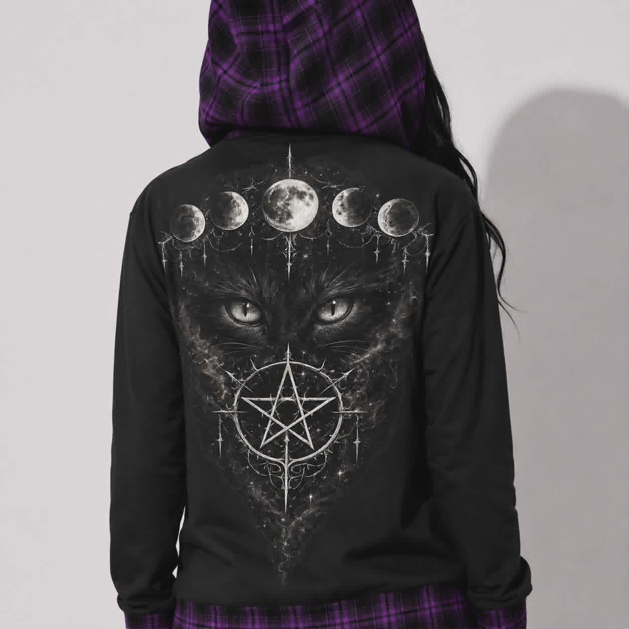Gotycka Bluza Witchcore z Kotem i Fazami Księżyca | Lunar Cat Coven Hoodie