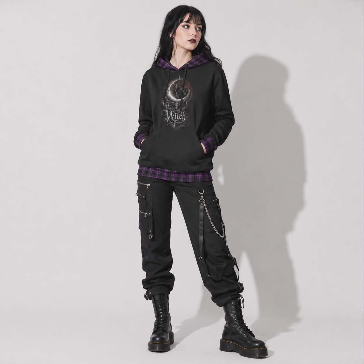 Gotycka Bluza Witchcore z Kotem i Fazami Księżyca | Lunar Cat Coven Hoodie