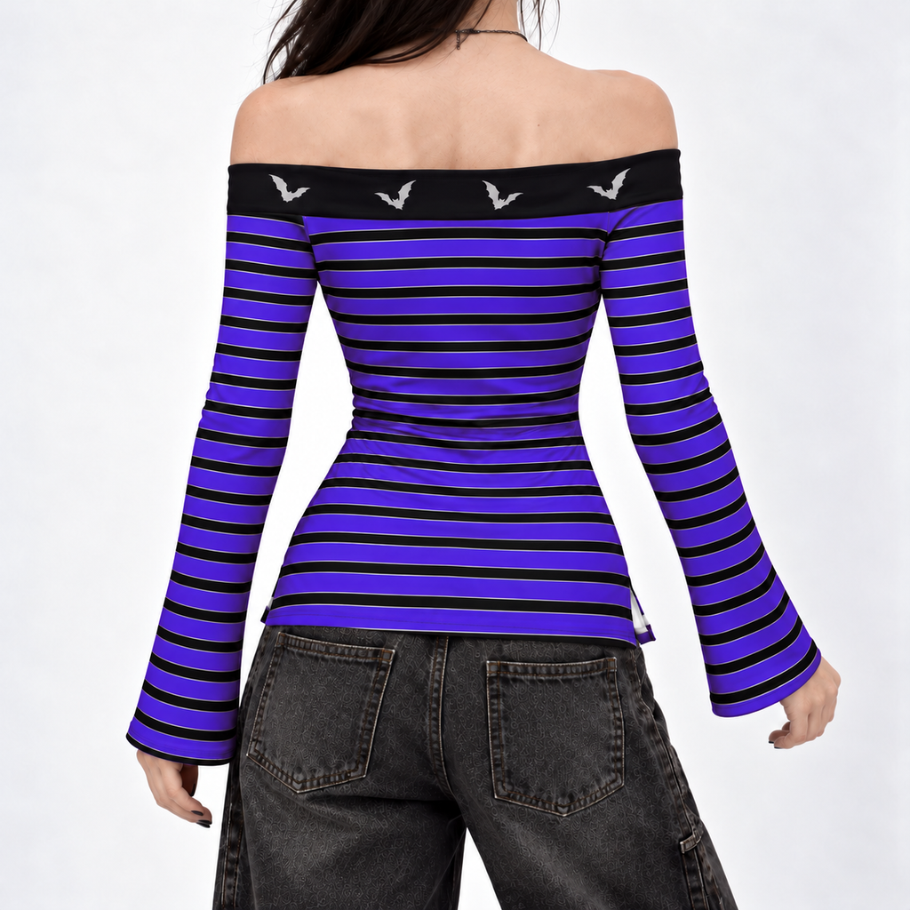 Damski Top Gotycki Witchy z Odkrytymi Ramionami | Purple Sky Bat