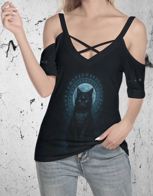 Gothic T-shirt with black magical cat 