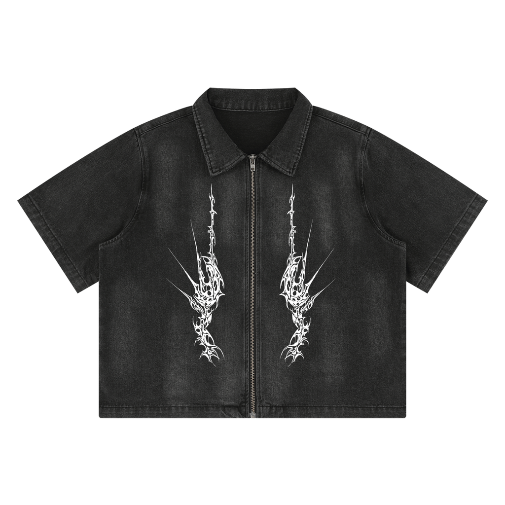 Męska Koszula Denimowa Gothic Grunge na Zamek | NIGHTCRAWLER – Washed Black 285 GSM