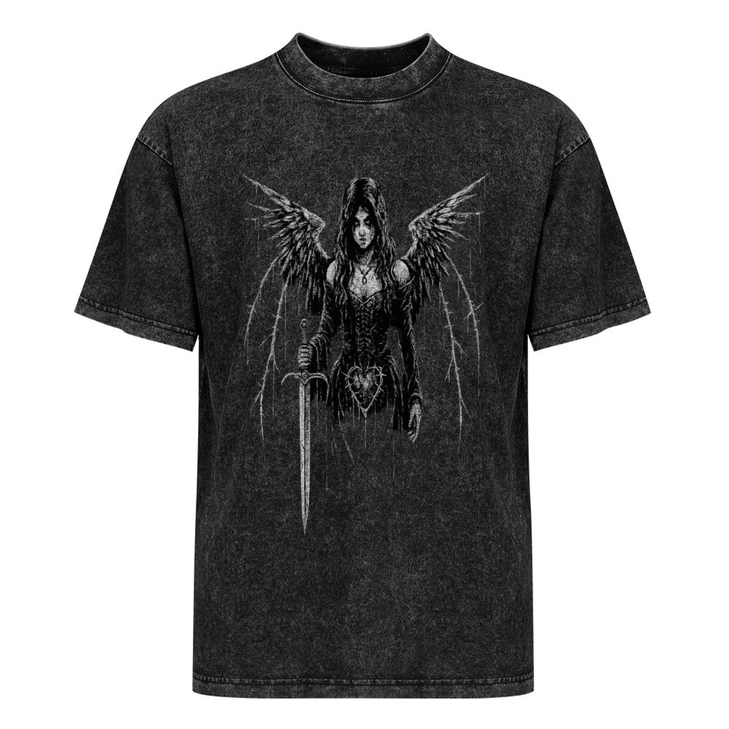 Gotycka Koszulka Oversize Vintage Washed | Dark Fallen Angel | Y2K Goth Washed Tee 190 GSM