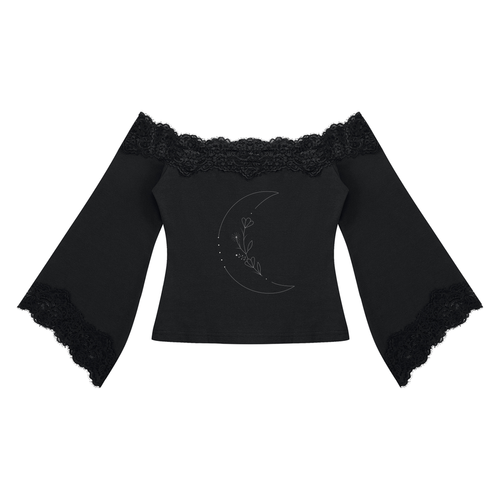Gotycka Bluzka Damska z Koronką i Odkrytymi Ramionami | Lunar Veil – Black Rose